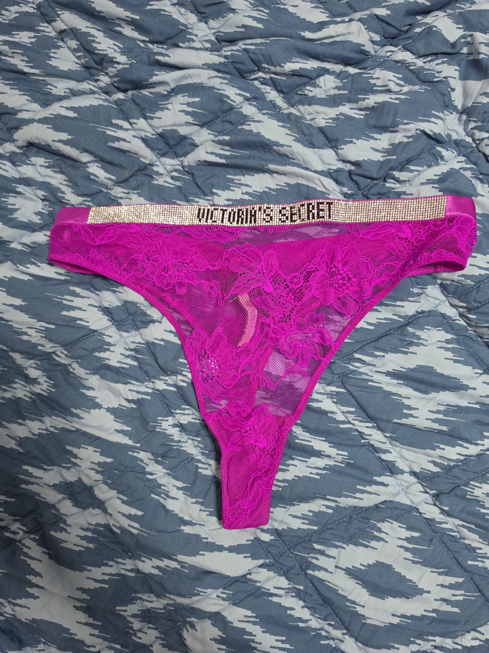 Victoria's Secret Hot Pink Lace Thong with Embellished Waistband XL women's.